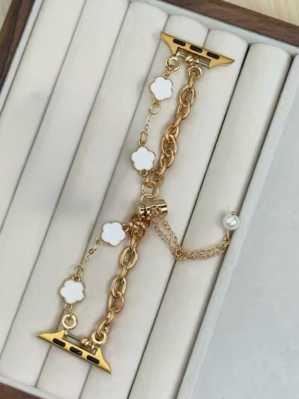 Gold and White Clover Charm Bracelet Band 38-49mm